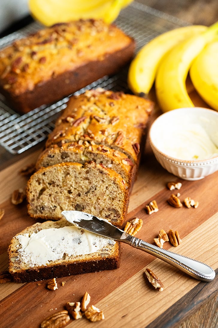 Sliced Banana bread with butter.