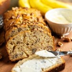 Sliced Banana bread with butter.