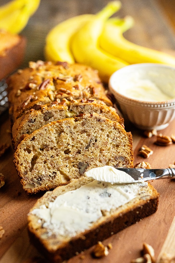 Sliced Banana bread with butter.