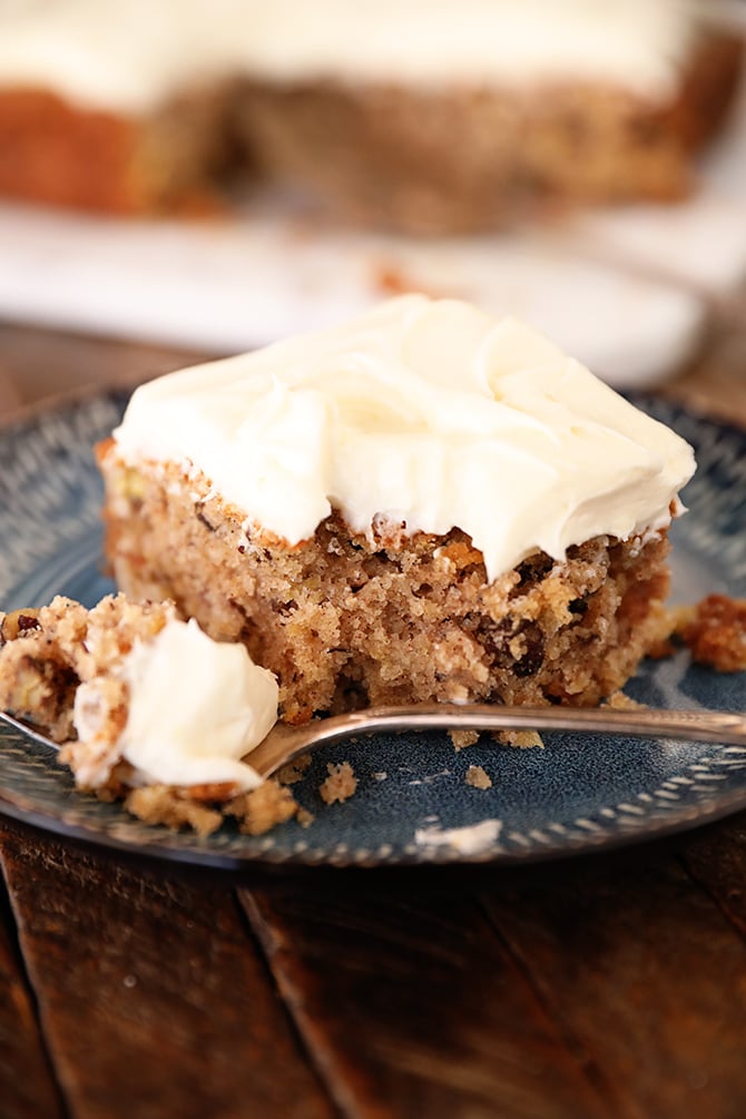 Bite missing from piece of Hummingbird Sheet Cake
