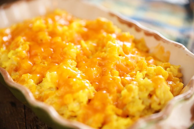 Cheesy Corn and Rice Casserole in a baking dish
