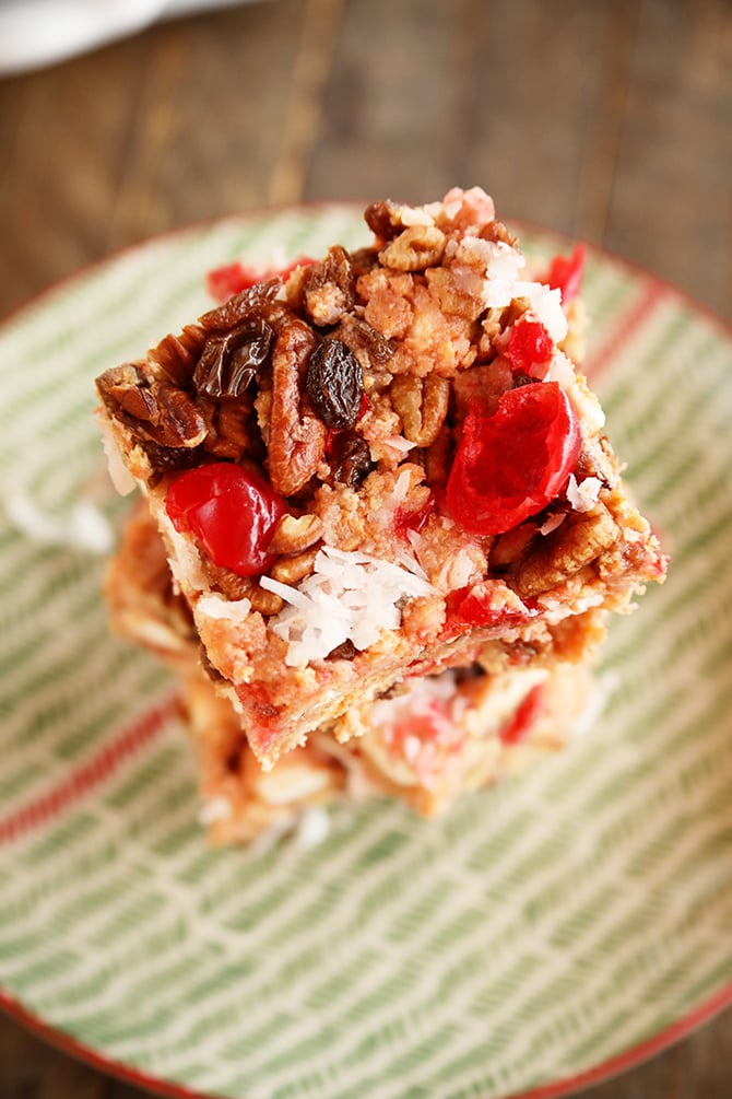 Stacked slices of Icebox Fruit Cake from top