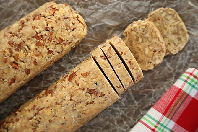 overhead view of slices of Nana's 3-Ingredient Pecan Log