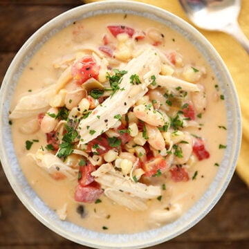 Overhead view of bowl of Slow Cooker Chicken Stew.