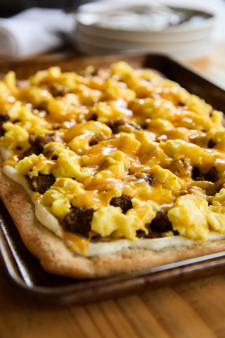 Side angle view of Easy Breakfast Pizza.