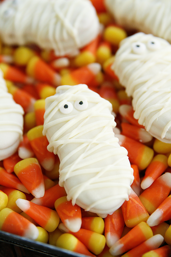 Nutter Butter Mummies on candy corn.