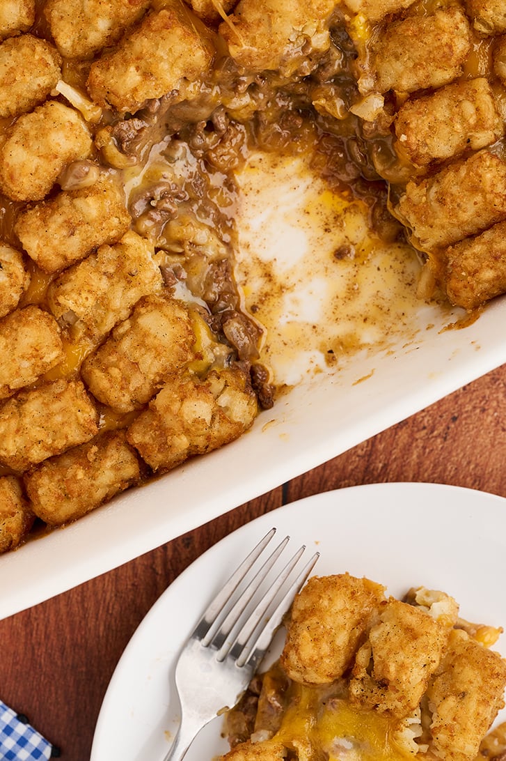 Tater Tot Casserole with some missing in dish.