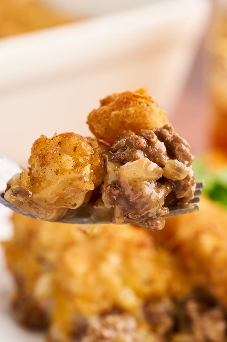 Forkful of Tater Tot Casserole.