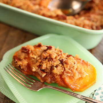 Individual serving of Candied Sweet Potatoes with Brown Sugar and Pecans