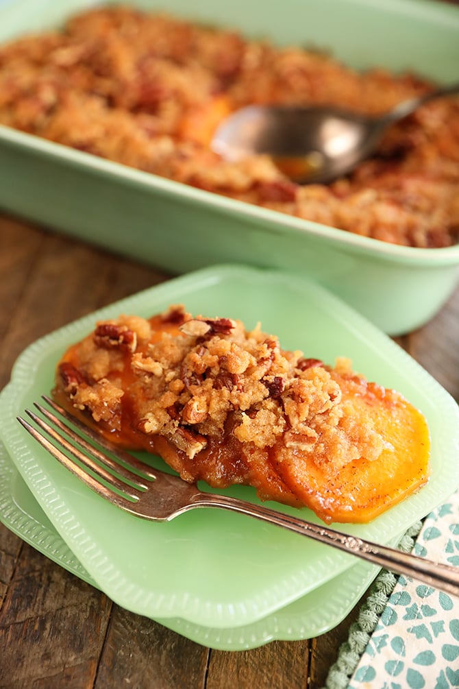 Individual serving of Candied Sweet Potatoes with Brown Sugar and Pecans