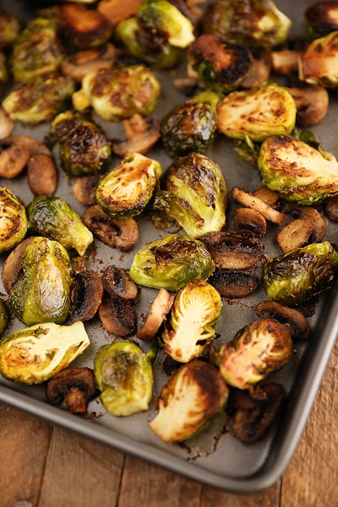 Roasted Brussels Sprouts with Mushrooms on a sheet pan