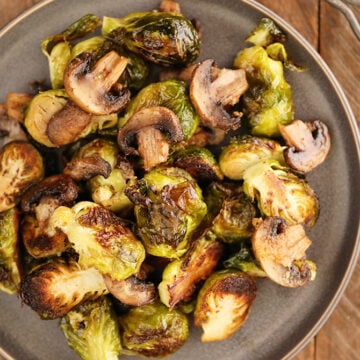 Roasted Brussels Sprouts with Mushrooms on a plate
