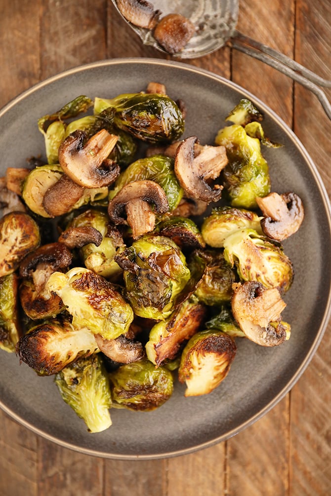 Roasted Brussels Sprouts with Mushrooms on a plate