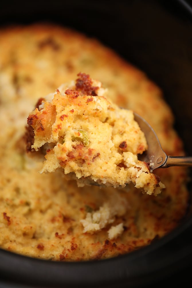 Scoop of Slow Cooker Cornbread Dressing
