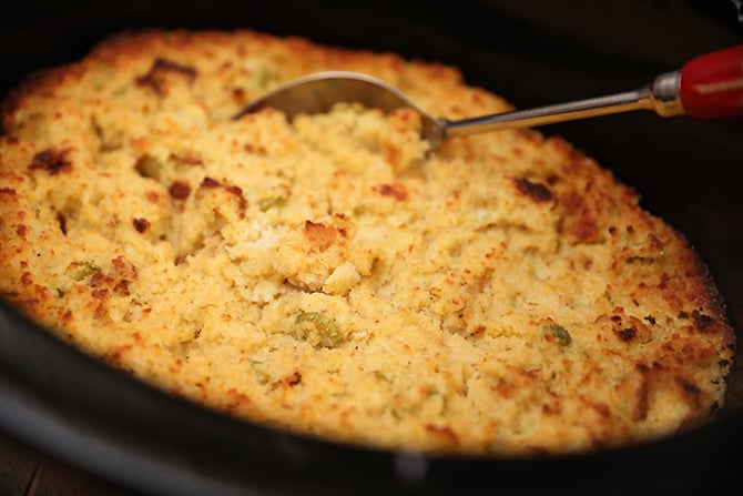 Slow Cooker filled with Slow Cooker Cornbread Dressing