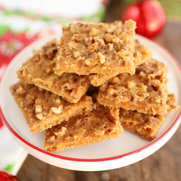 stacked Easy Graham Cracker Toffee on a cake plate