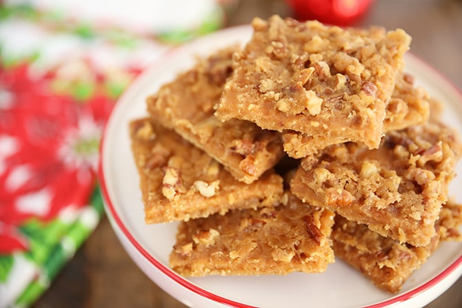 stacked Easy Graham Cracker Toffee on a cake plate
