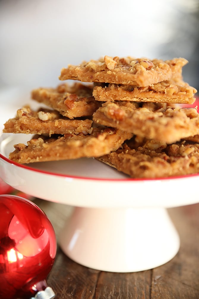 stacked Easy Graham Cracker Toffee on a cake plate