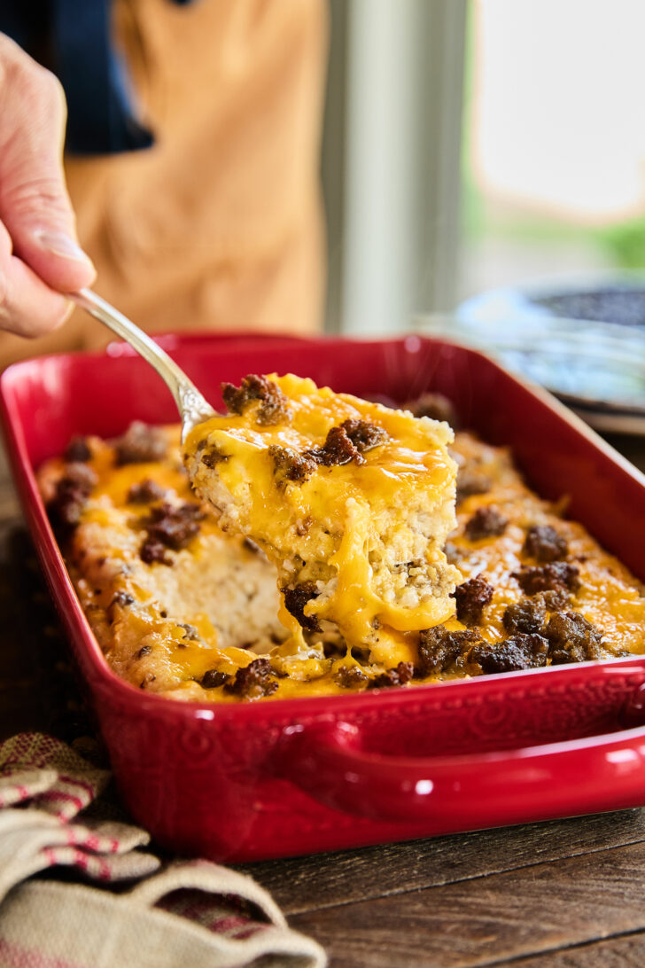 Scoop of Grits and Sausage Casserole.