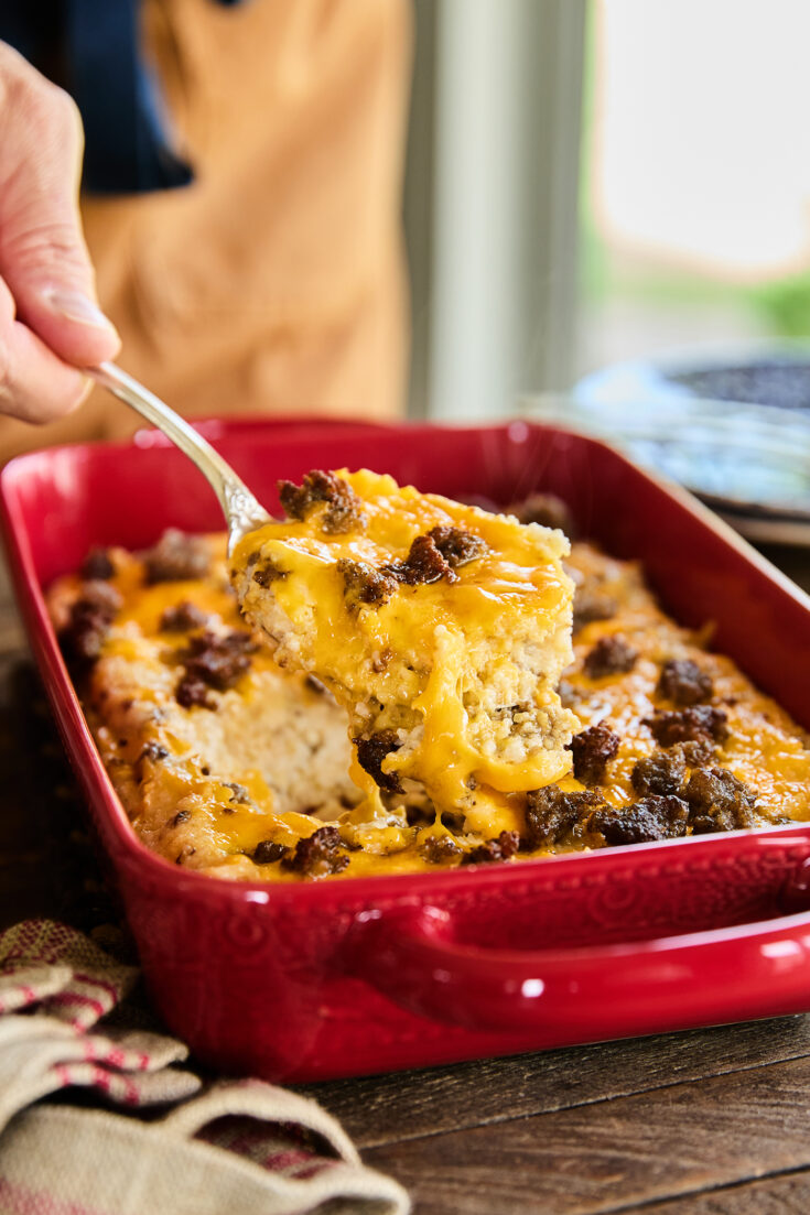 Scoop of Grits and Sausage Casserole.