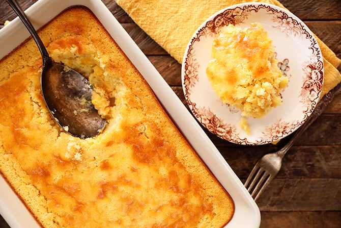 Sweet Corn Spoon Bread scooped out