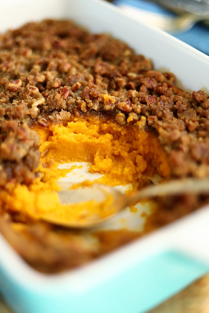 Casserole dish with Sweet Potato Casserole.