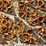Pieces of Salted Dark Chocolate Pretzel Bark