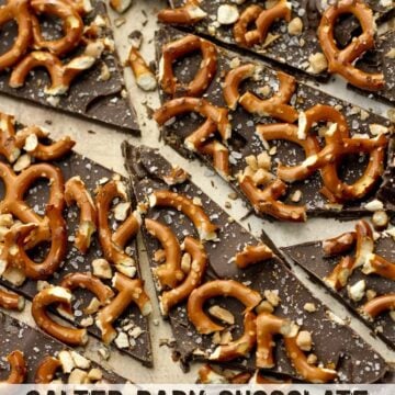 Pieces of Salted Dark Chocolate Pretzel Bark