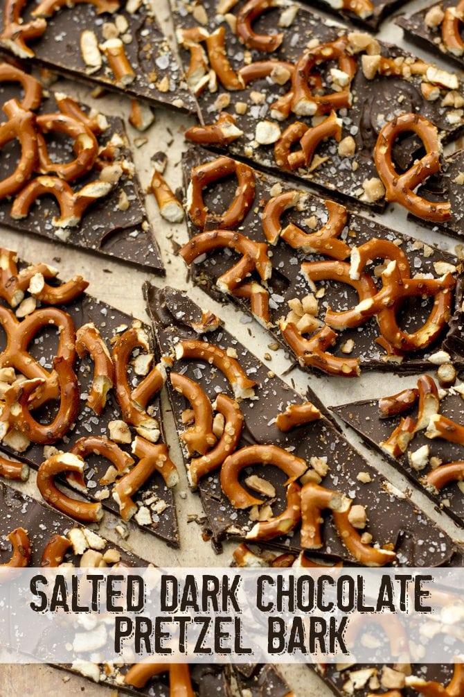 Pieces of Salted Dark Chocolate Pretzel Bark