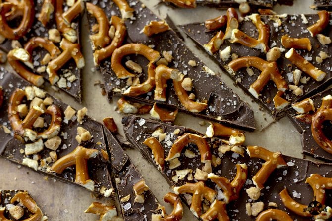 Pieces of Salted Dark Chocolate Pretzel Bark