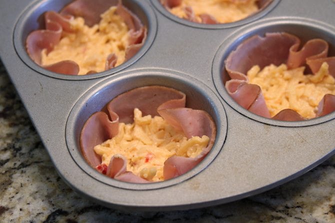 Baked Ham & Pimento These Baked Ham and Pimento Cheese Egg Cups are a favorite with my family! They're easy enough for a busy weekday breakfast, but look fancy enough for company!Egg Cups