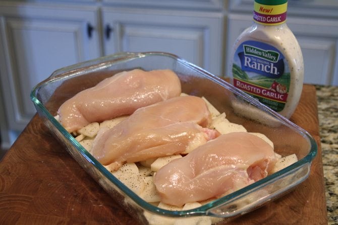 This Roasted Garlic Ranch Chicken Bake is a quick and easy way to get a complete meal on the table!