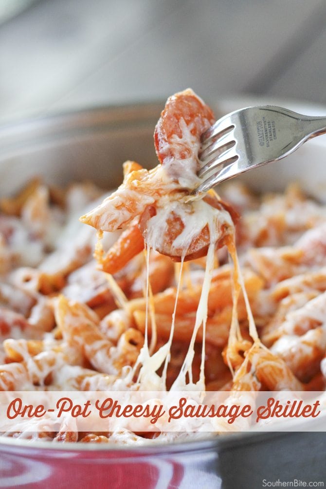 This One-Pot Cheesy Sausage Skillet only calls for 6 ingredients and is ready in no-time flat! It's perfect for a super-easy weeknight meal! 