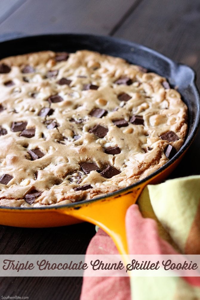 Triple Chocolate Skillet Cookie in yellow skillet