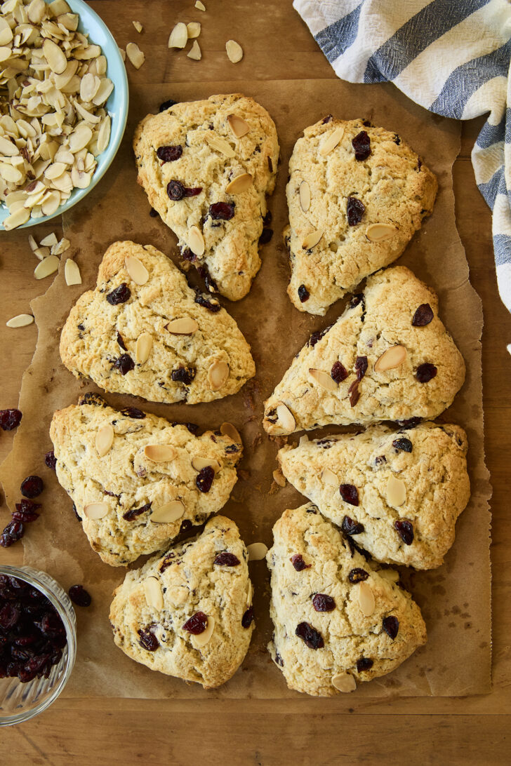 Overhead image of scones on parchment.