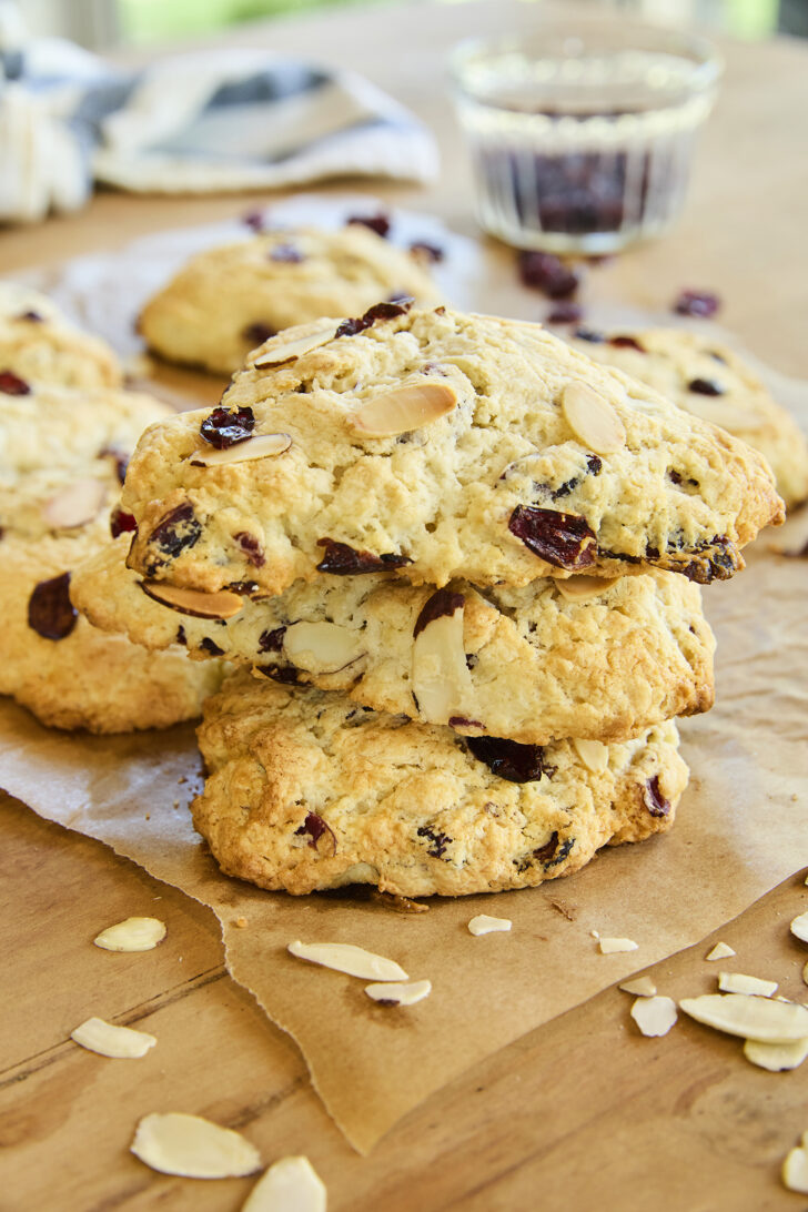 Stack of scones on parchment.