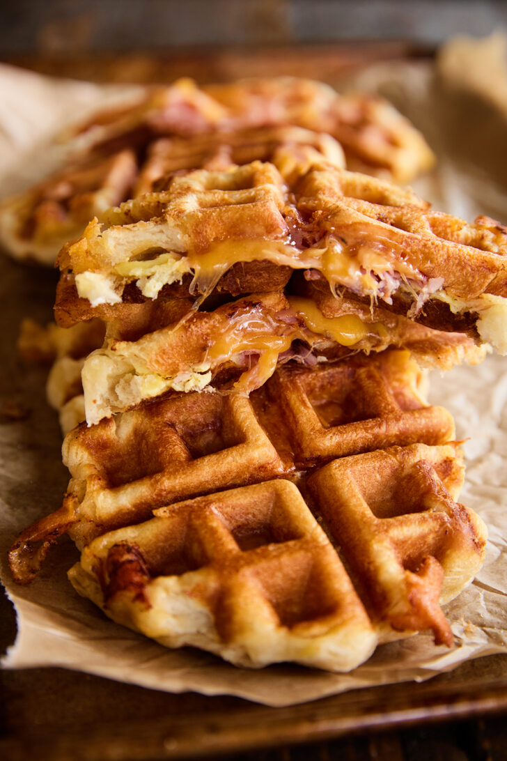 Inside view of a Ham, Egg, and Cheese Biscuit Wafflewich. 