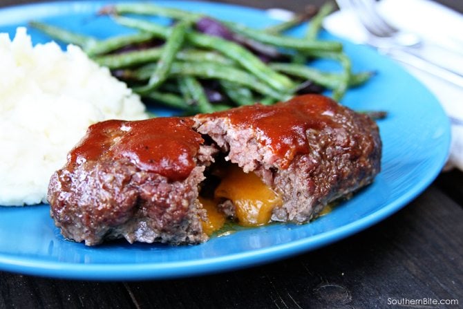Turn your meatloaf on it's head by making it mini, grilling it, covering it with barbecue sauce, and stuffing it with cheese!