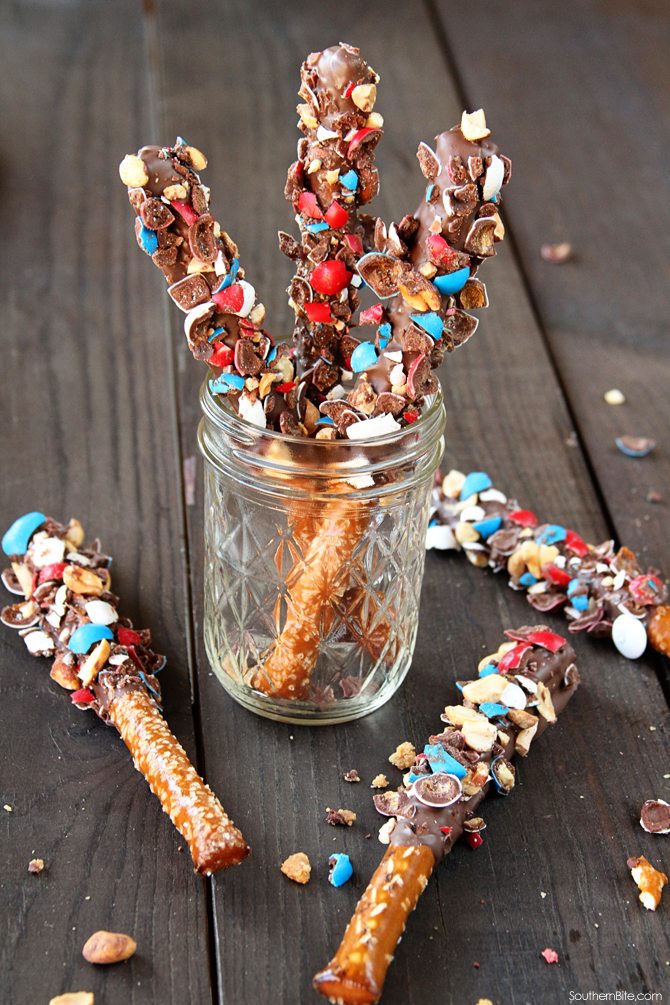 Sweet and Salty Peanut M&M covered pretzel rods!