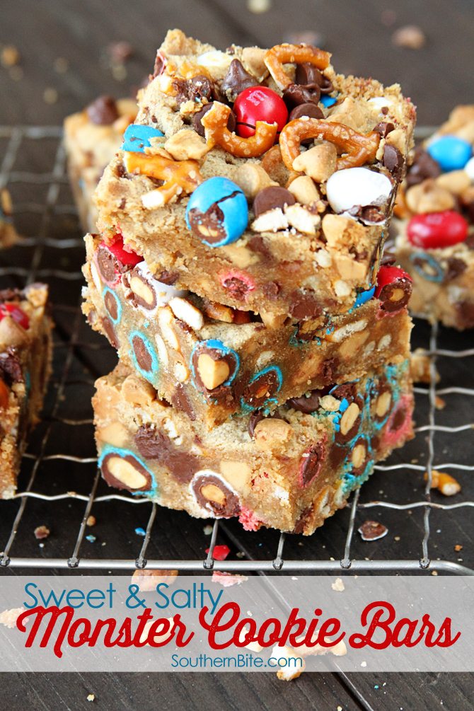 Sweet and Salty Monster Cookie Bars: All my favorite flavors (Peanut M&Ms, pretzels, peanut butter, and chocolate) combined in one super easy cookie bar recipe! 