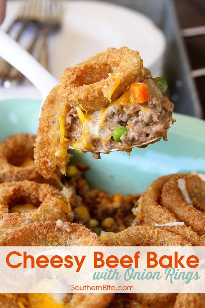 This Cheesy Beef Bake with Onion Rings is a delicious twist on the Classic Tater Tot Casserole!
