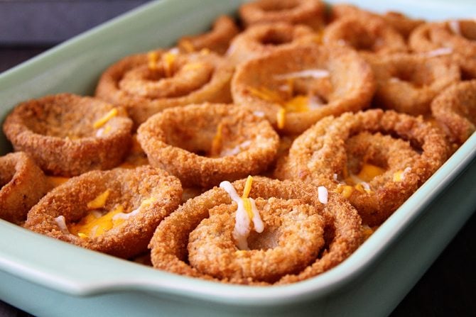This Cheesy Beef Bake with Onion Rings is a delicious twist on the Classic Tater Tot Casserole!