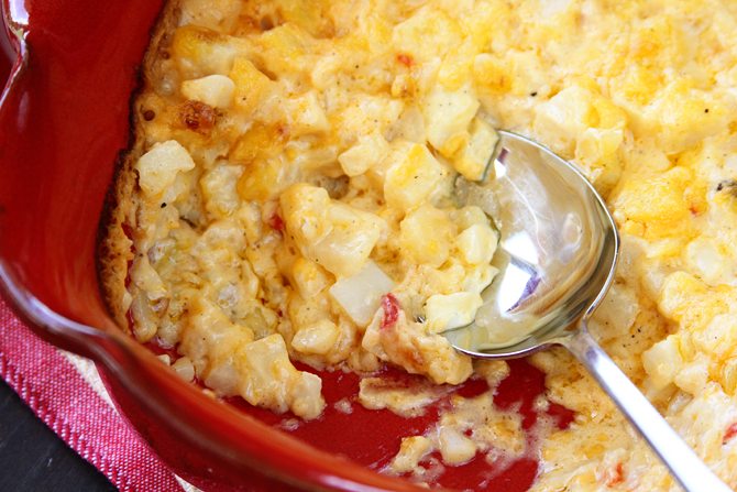Pimento Cheese Scalloped Potatoes in a casserole dish.