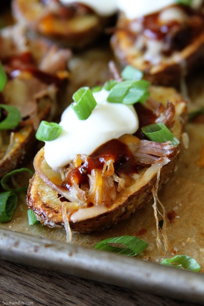 These Pulled Pork Stuffed Potato Skins are the perfect hearty snack or appetizer and are great for your football watching parties!
