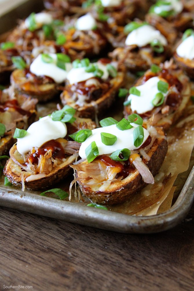 These Pulled Pork Stuffed Potato Skins are the perfect hearty snack or appetizer and are great for your football watching parties!