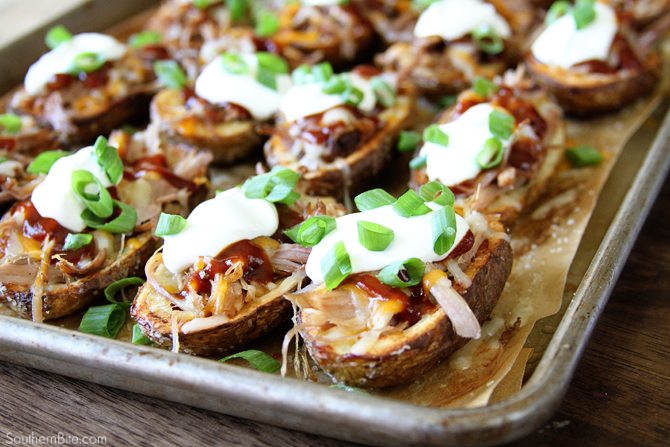 These Pulled Pork Stuffed Potato Skins are the perfect hearty snack or appetizer and are great for your football watching parties!