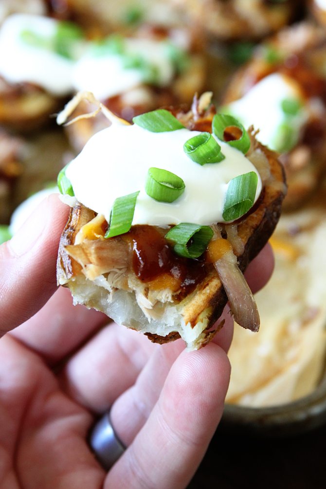 These Pulled Pork Stuffed Potato Skins are the perfect hearty snack or appetizer and are great for your football watching parties!