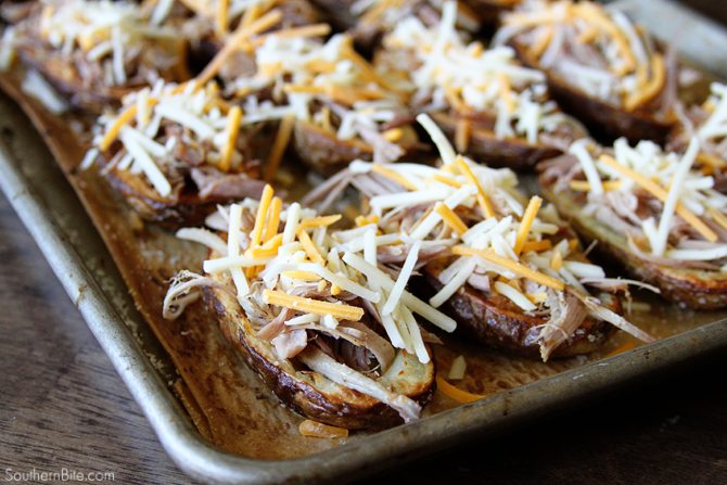 These Pulled Pork Stuffed Potato Skins are the perfect hearty snack or appetizer and are great for your football watching parties!