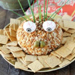 Cheese Ball decorated like a goblin for Halloween.