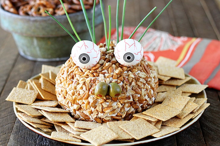 Cheese Ball decorated like a goblin for Halloween.